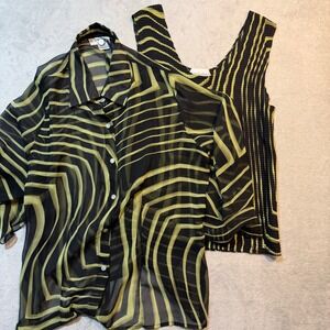 Dressbarn Bold y2k Vintage Set Sheer Button Down  Tank Lime Black Abstract 14/16
